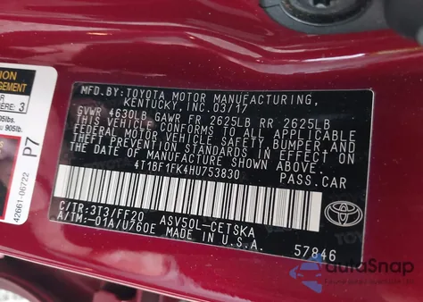 2017 Toyota Camry Se из США, поврежденный, VIN 4T1BF1FK4HU753830